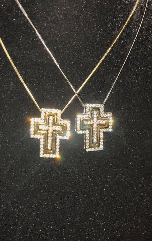 Crystal Trimmed Double Cross Necklace